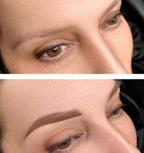 Augenbraue vor und nach der Powderbrows-Pigmentierung
